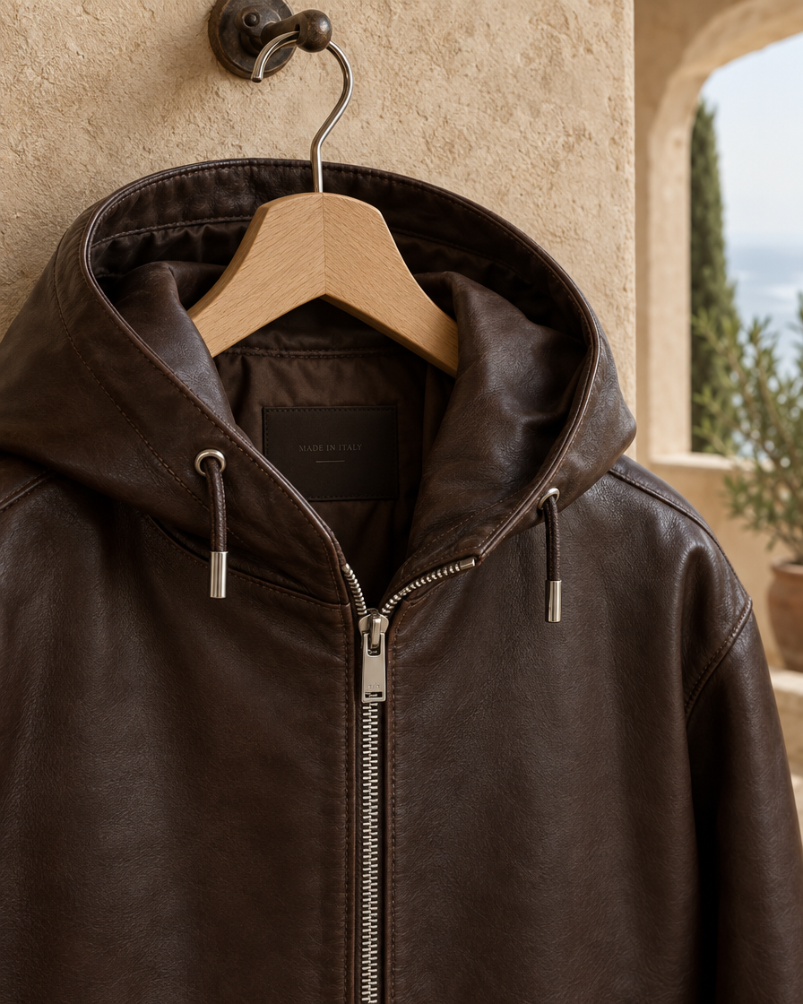 ONORA Fernanda Hooded Leather Jacket — hood and zip detail