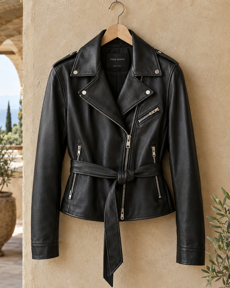 ONORA Lilla Belted Leather Biker Jacket — belt and hardware detail