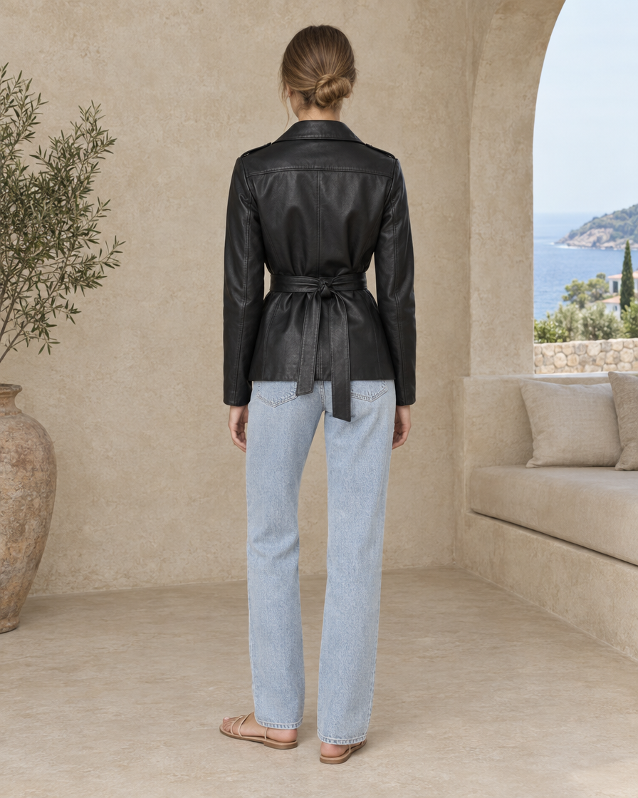 ONORA Lilla Belted Leather Biker Jacket — full length back