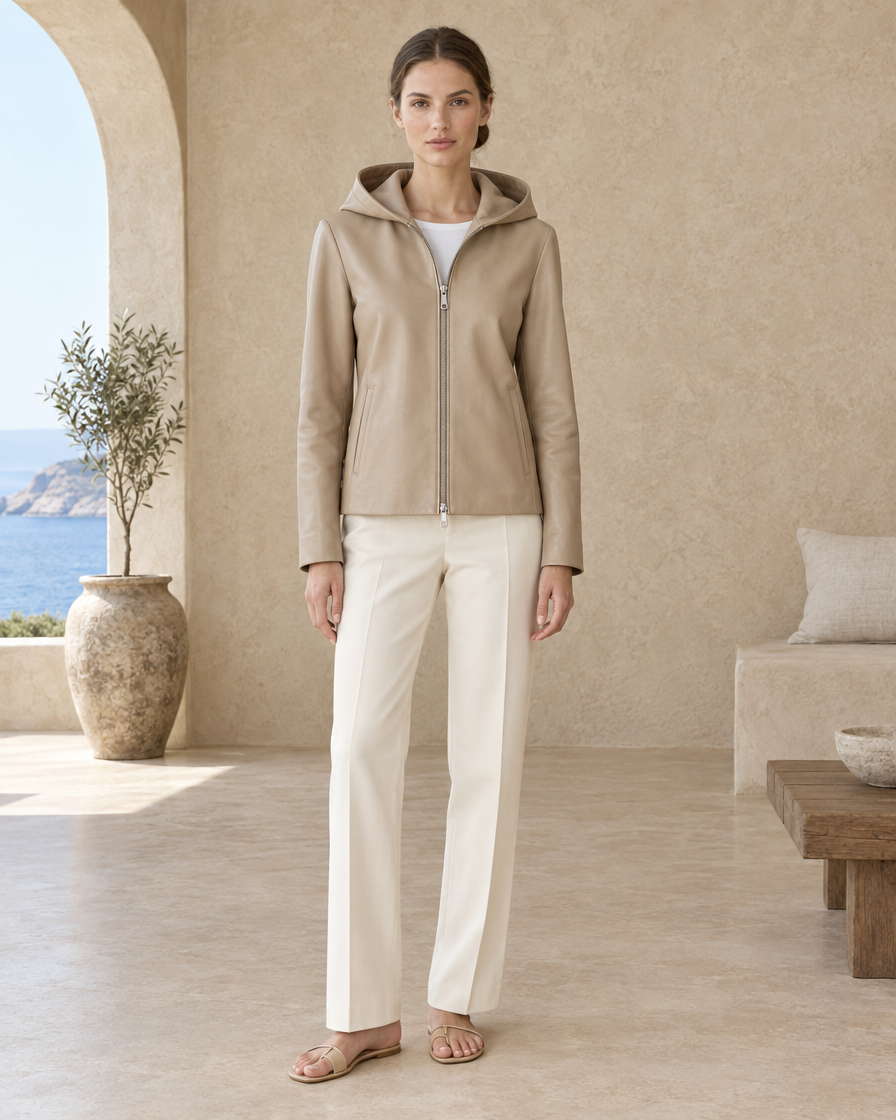 ONORA Fernanda Hooded Leather Jacket — Beige