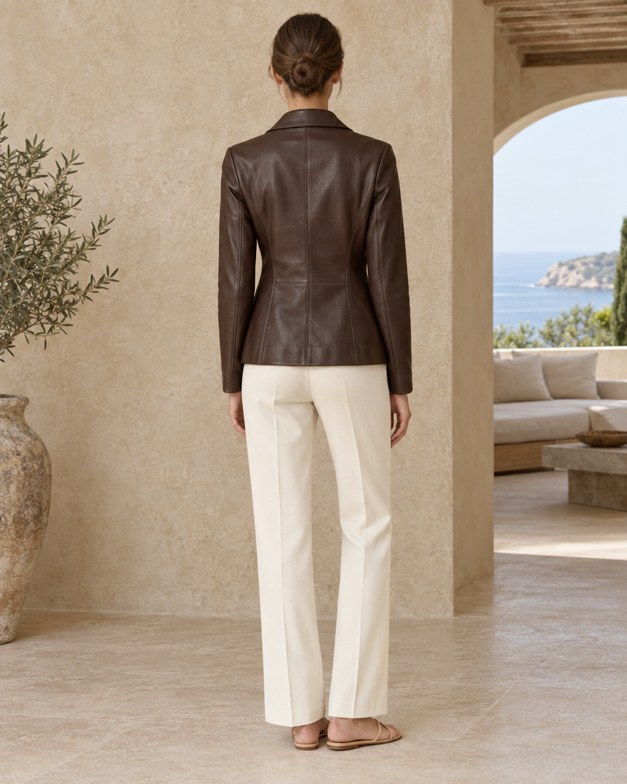 ONORA Agnes Notch-Lapel Tailored Leather Jacket — full length back