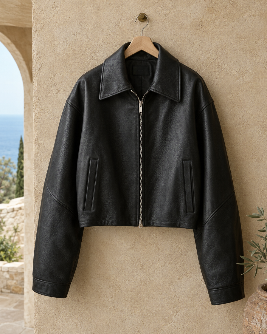 ONORA Elsa Cropped Oversized Leather Jacket — collar and zip detail