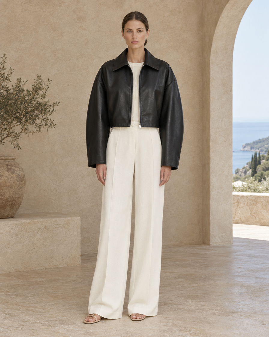 ONORA Elsa Cropped Oversized Leather Jacket — full length front, Black