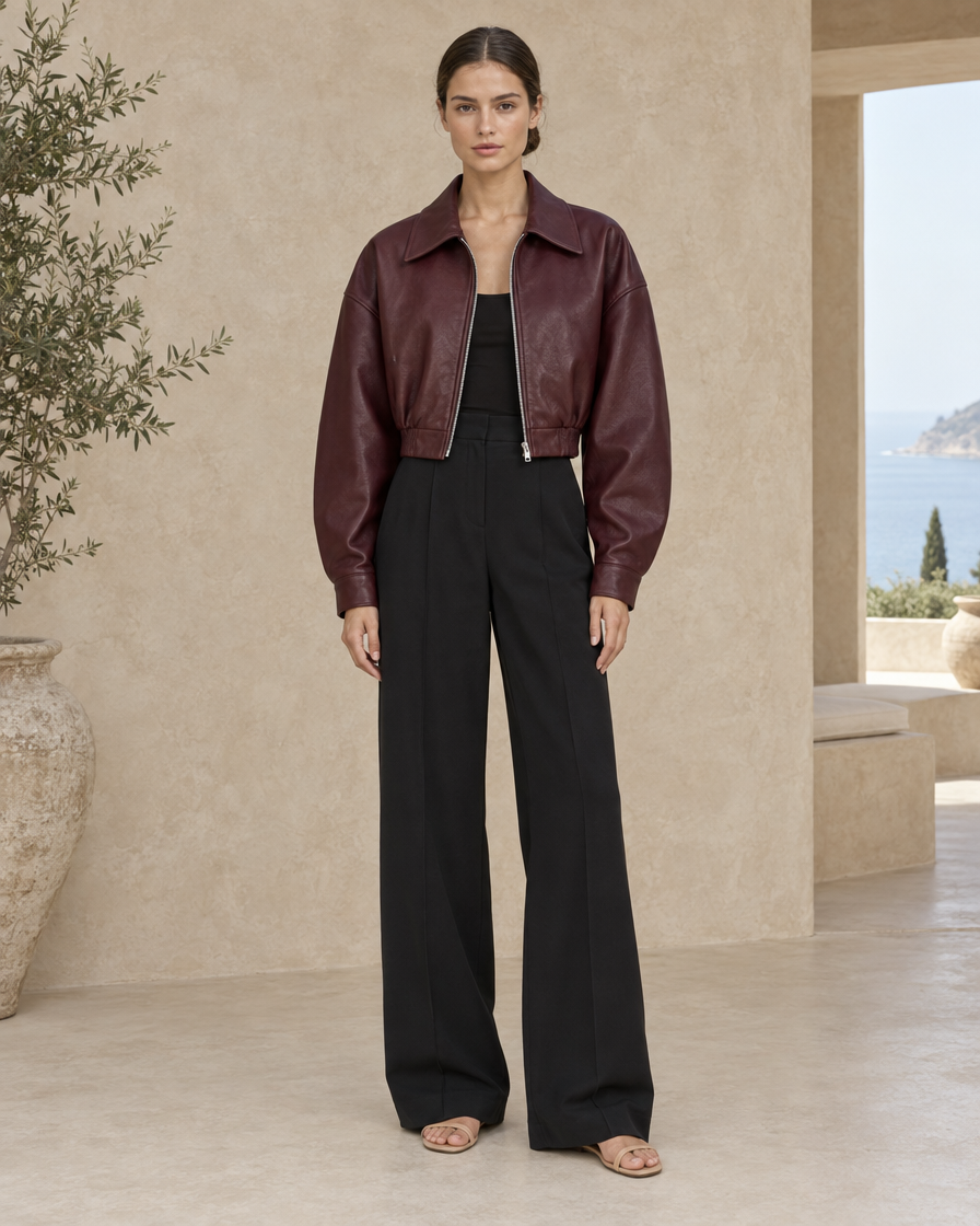 ONORA Elsa Cropped Oversized Leather Jacket — Burgundy