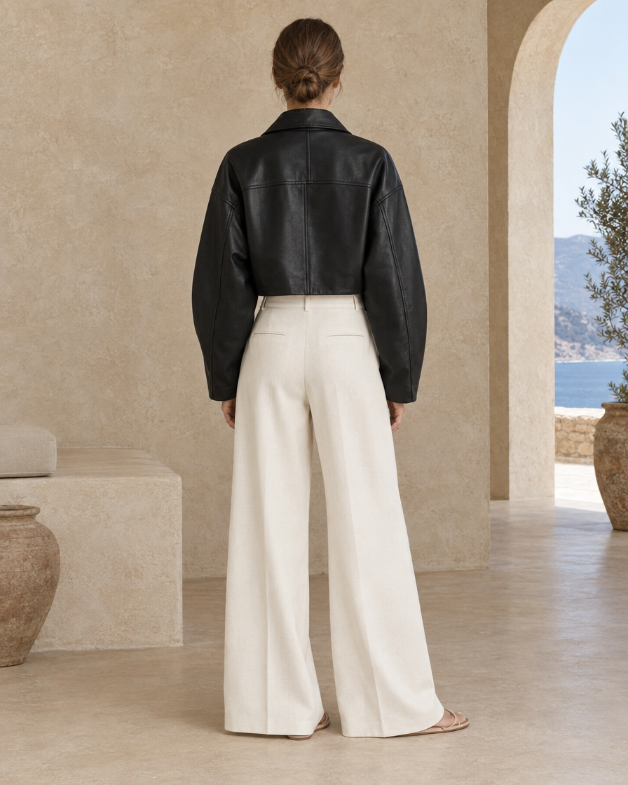 ONORA Elsa Cropped Oversized Leather Jacket — full length back