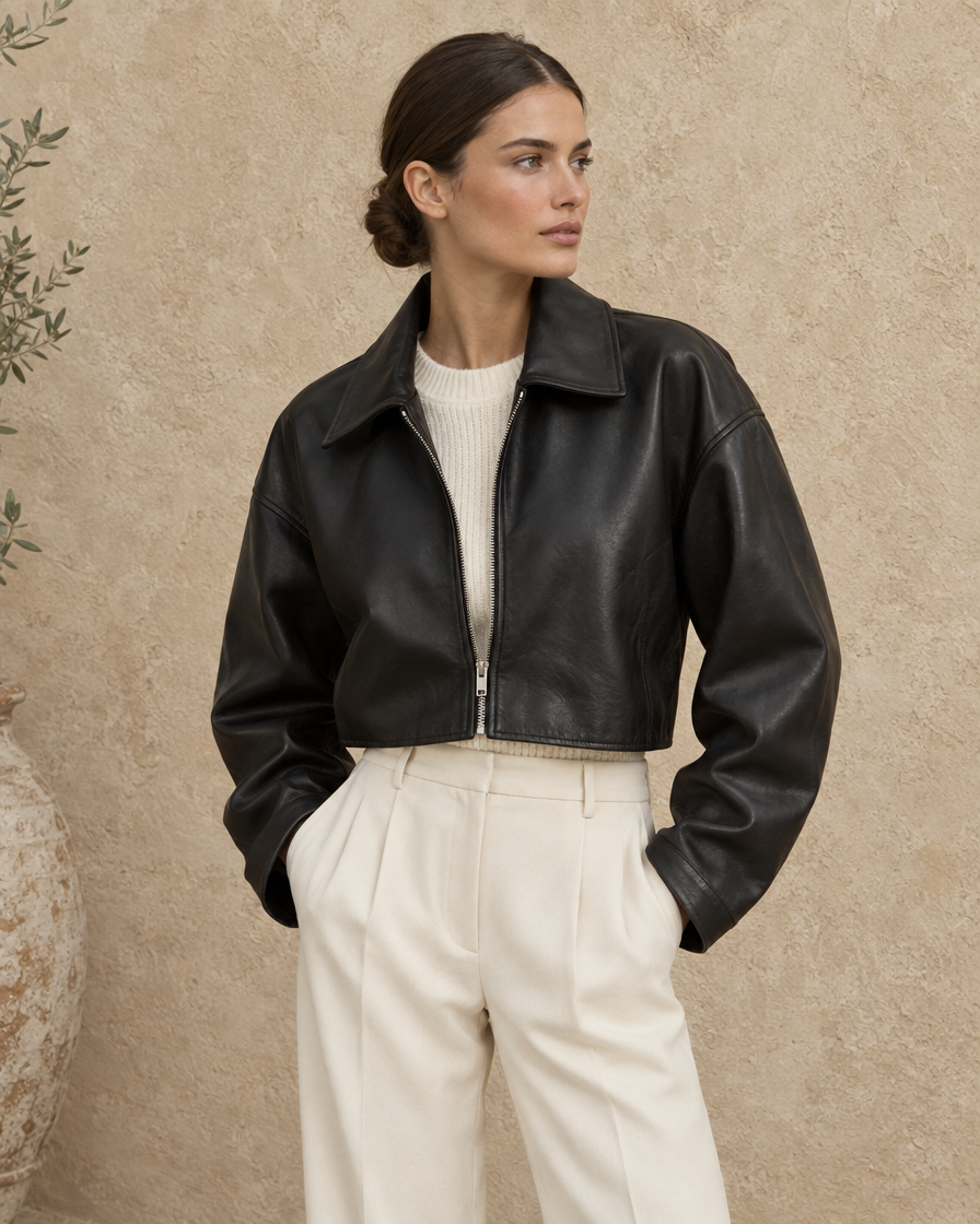 ONORA Elsa Cropped Oversized Leather Jacket — three-quarter view