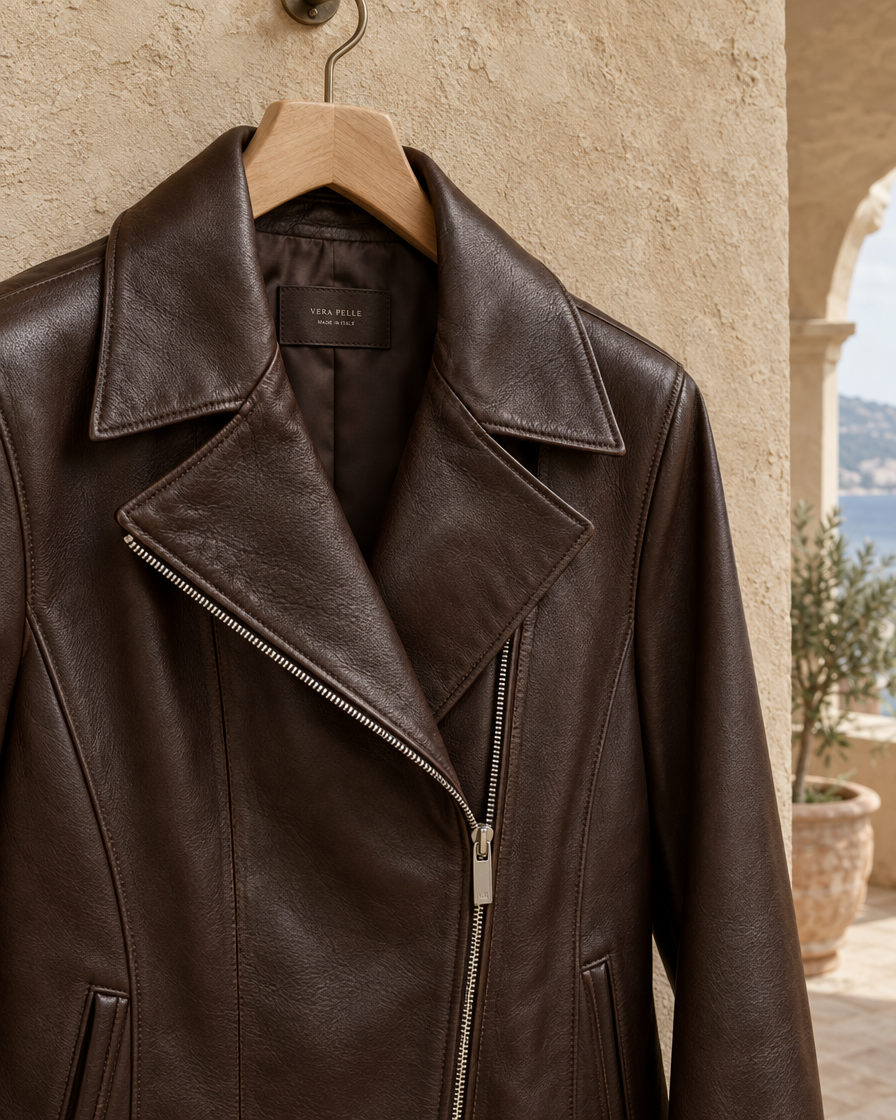 ONORA Agnes Notch-Lapel Tailored Leather Jacket — lapel detail
