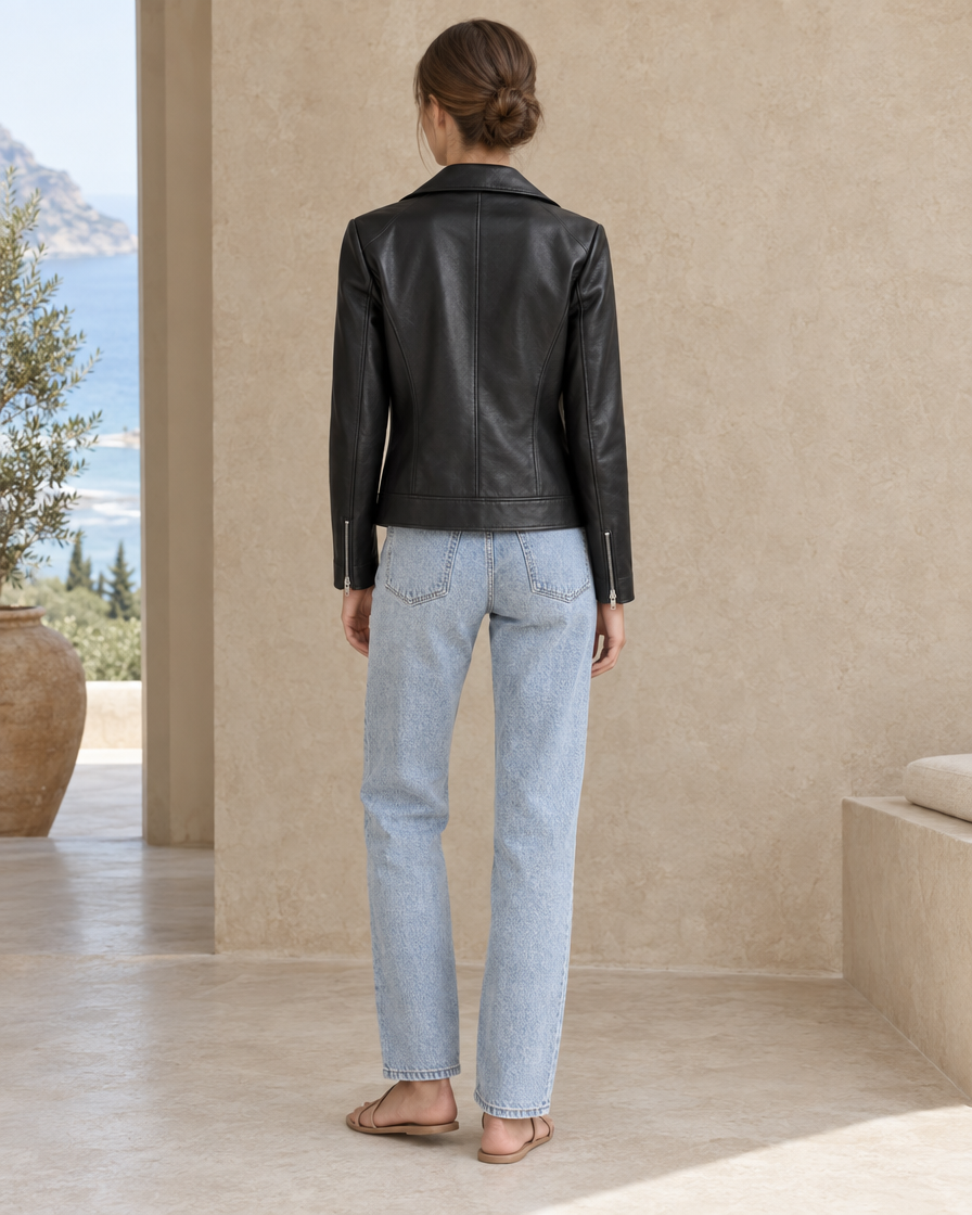 ONORA Clara Notch-Lapel Leather Biker Jacket — full length back