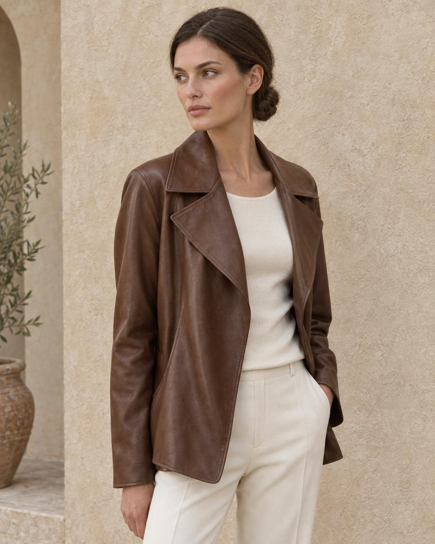 Soft Leather Jacket with Notched Lapel — three-quarter view