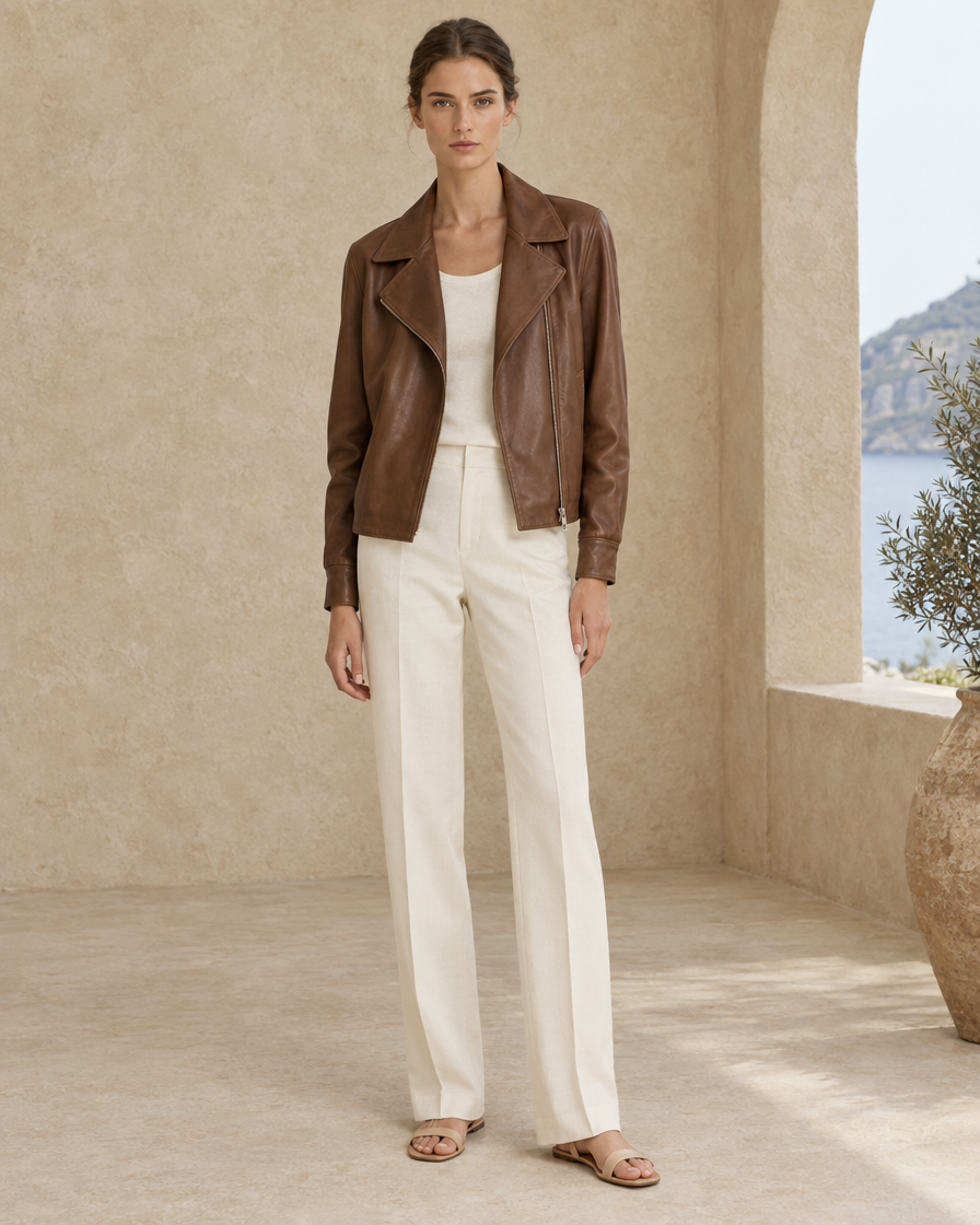 Soft Leather Jacket with Notched Lapel — full length front, Brown