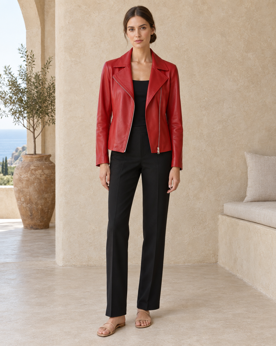 Soft Leather Jacket with Notched Lapel — Red