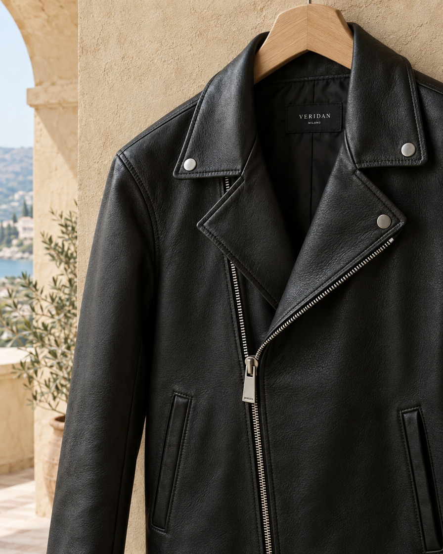 ONORA Clara Notch-Lapel Leather Biker Jacket — zip and lapel detail