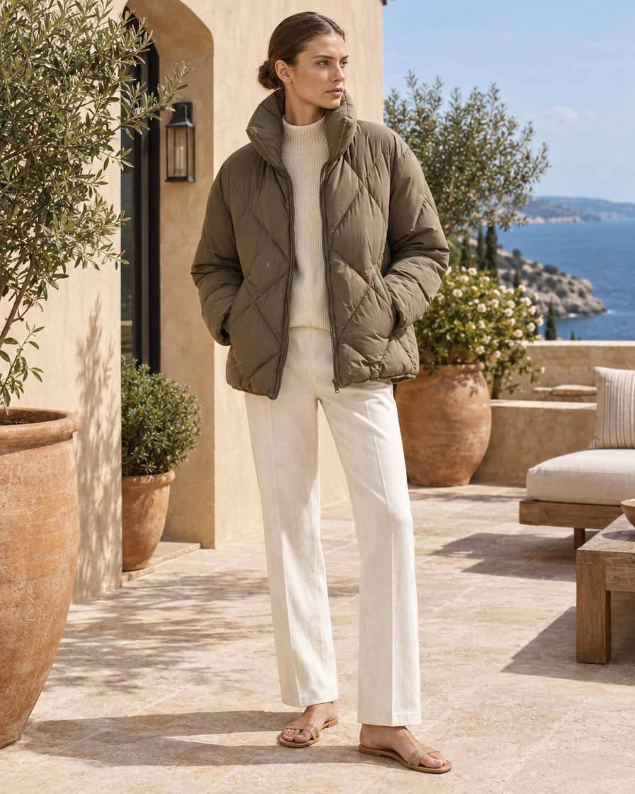ONORA Eithne Oversized Quilted High-Neck Puffer Jacket — worn on a villa terrace