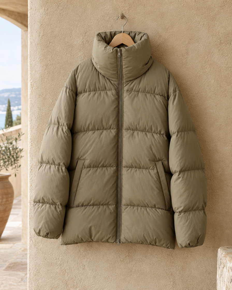 ONORA Eithne Oversized Quilted High-Neck Puffer Jacket — quilting and collar detail