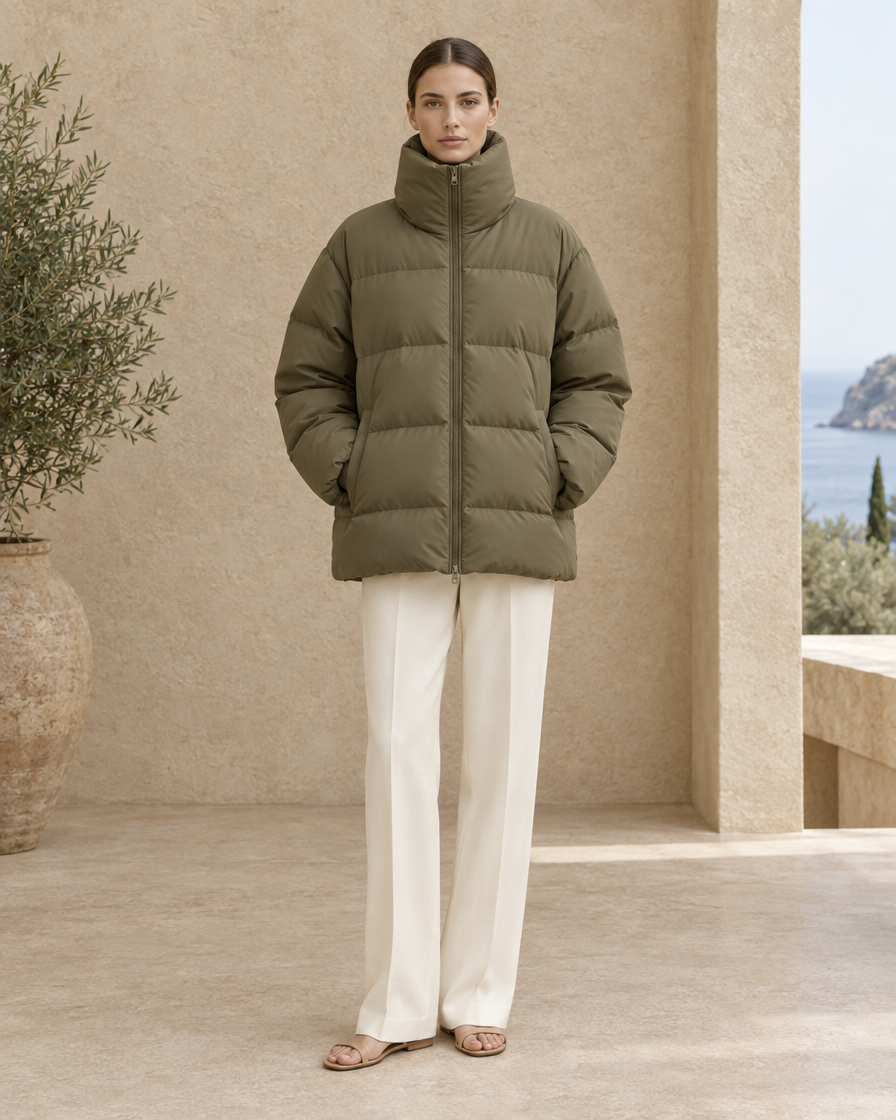 ONORA Eithne Oversized Quilted High-Neck Puffer Jacket — full length front, Khaki