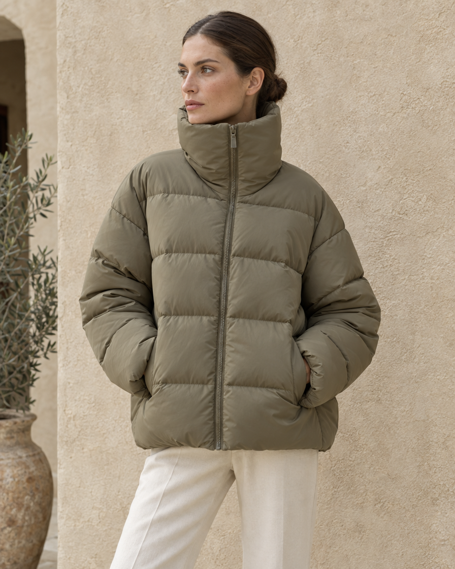 ONORA Eithne Oversized Quilted High-Neck Puffer Jacket — three-quarter view
