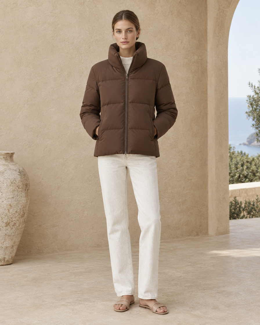ONORA Gamze Classic Padded Puffer Jacket — full length front, Brown