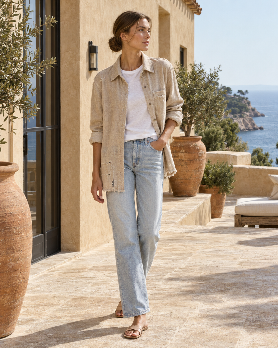 ONORA Casual Ripped Shirt Jacket — worn on a villa terrace