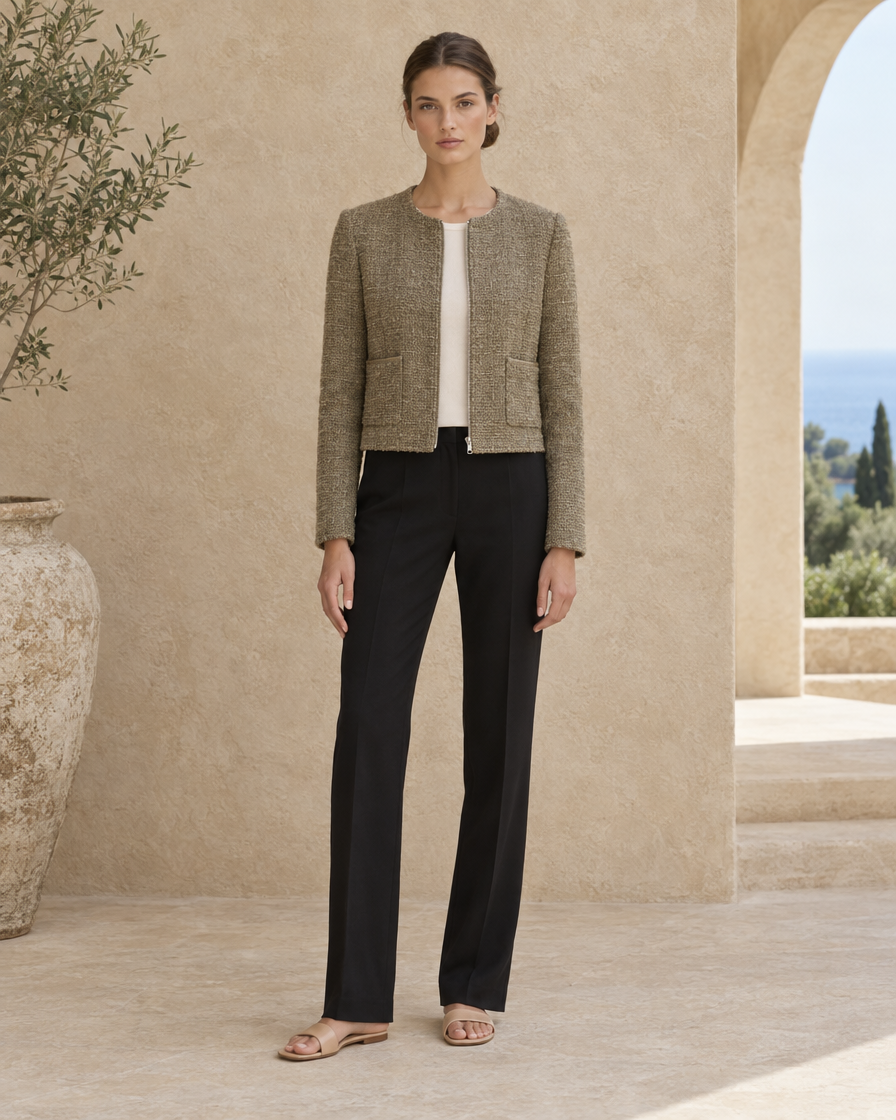 ONORA Tweed Long Sleeve Zip Jacket — full length front, Khaki