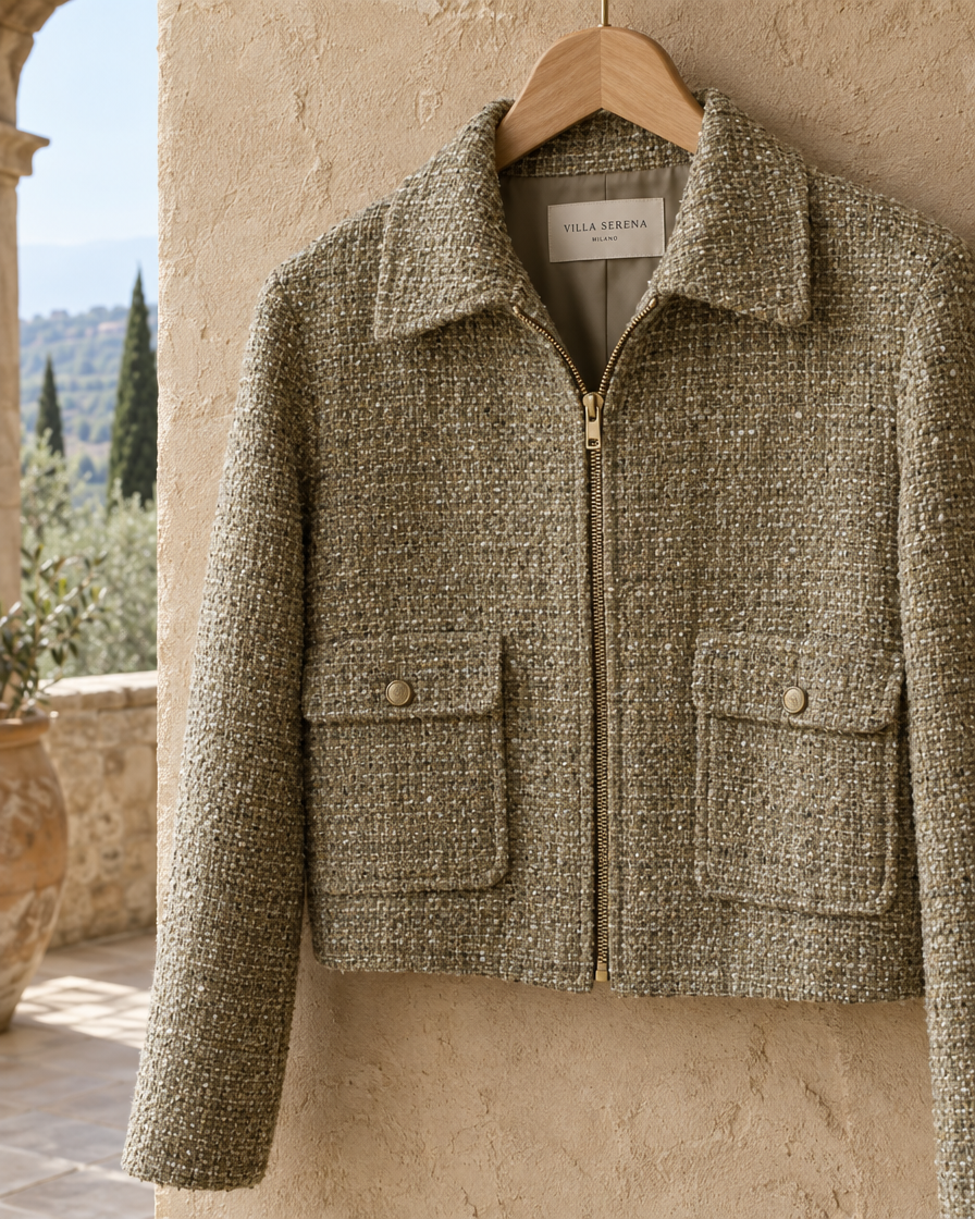 ONORA Tweed Long Sleeve Zip Jacket — tweed texture and pocket detail