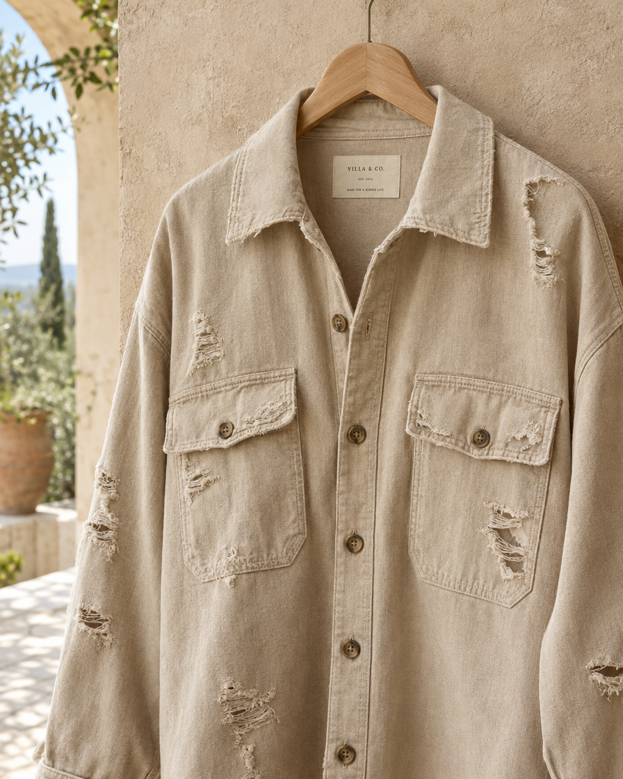 ONORA Casual Ripped Shirt Jacket — distressed fabric detail