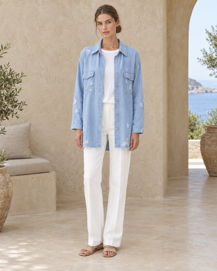 ONORA Casual Ripped Shirt Jacket — Sky Blue