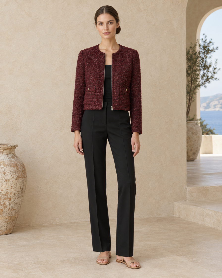 ONORA Tweed Long Sleeve Zip Jacket — Burgundy