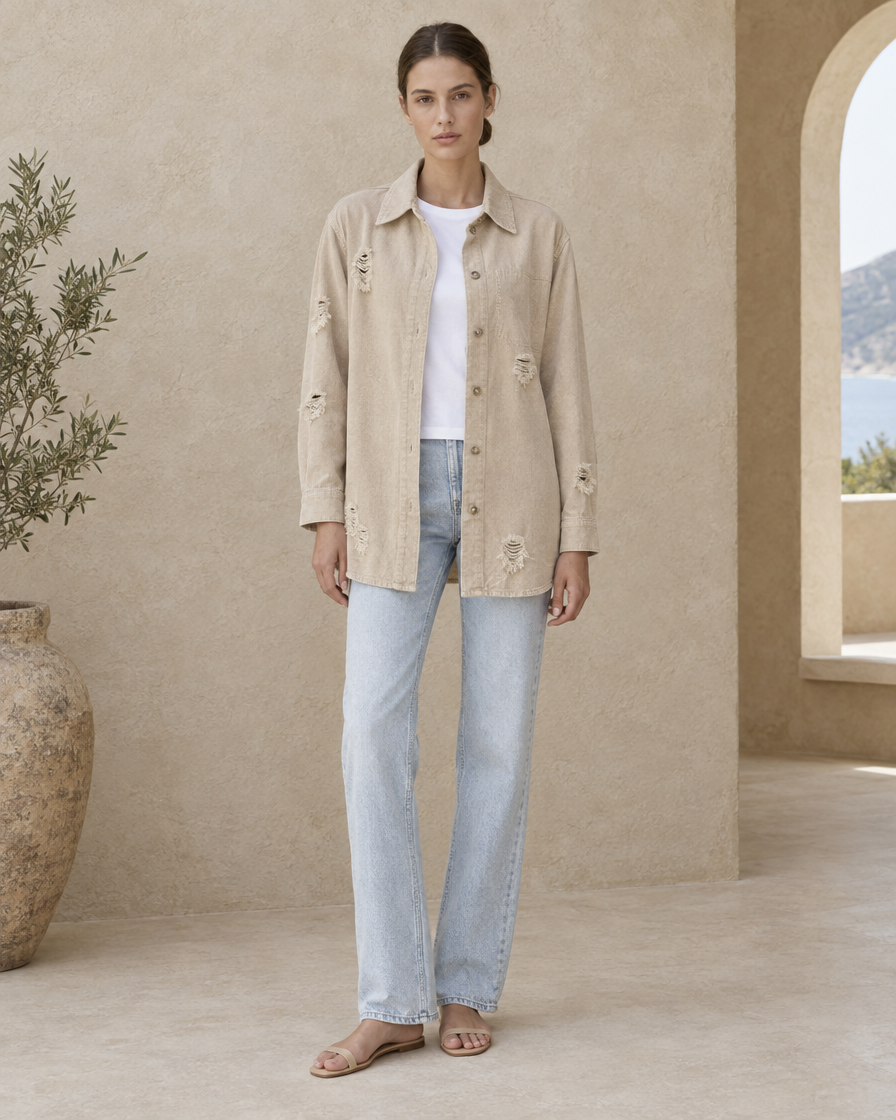 ONORA Casual Ripped Shirt Jacket — full length front, Beige