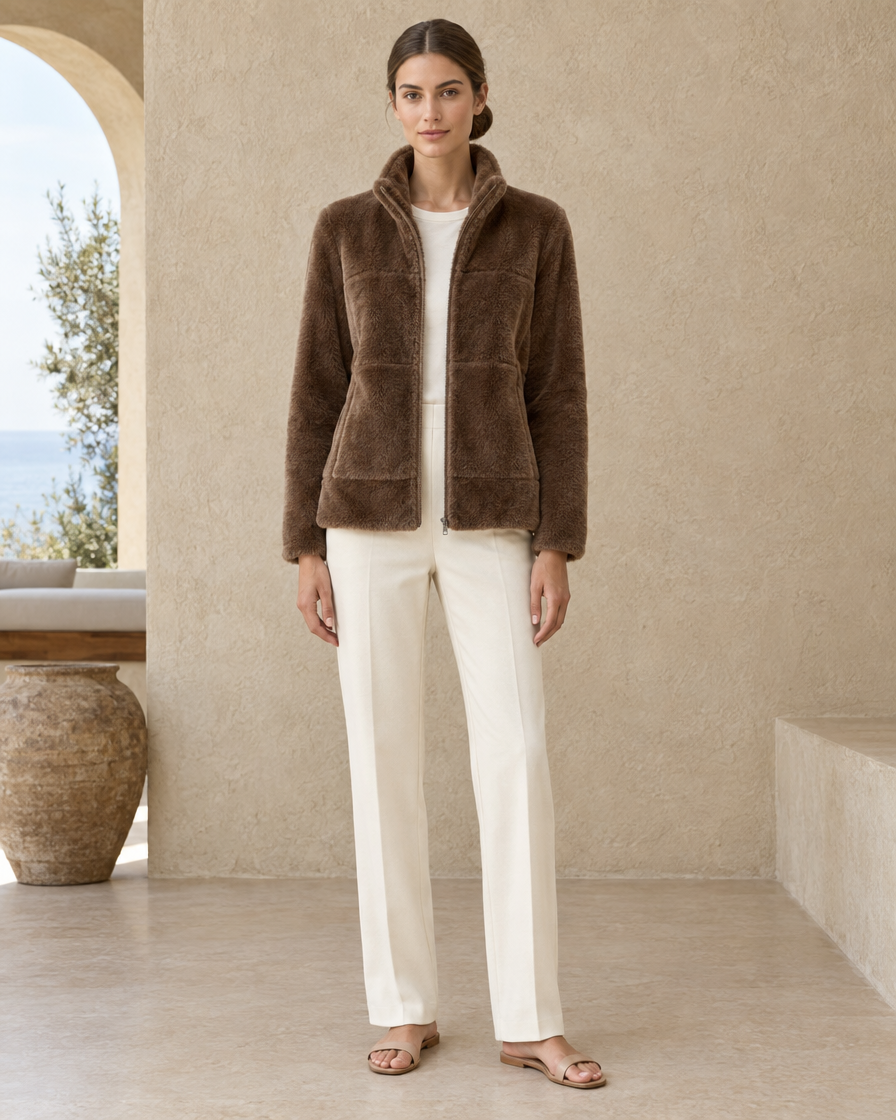 ONORA Halstead Faux-Mink Knit Stand-Collar Jacket — Brown