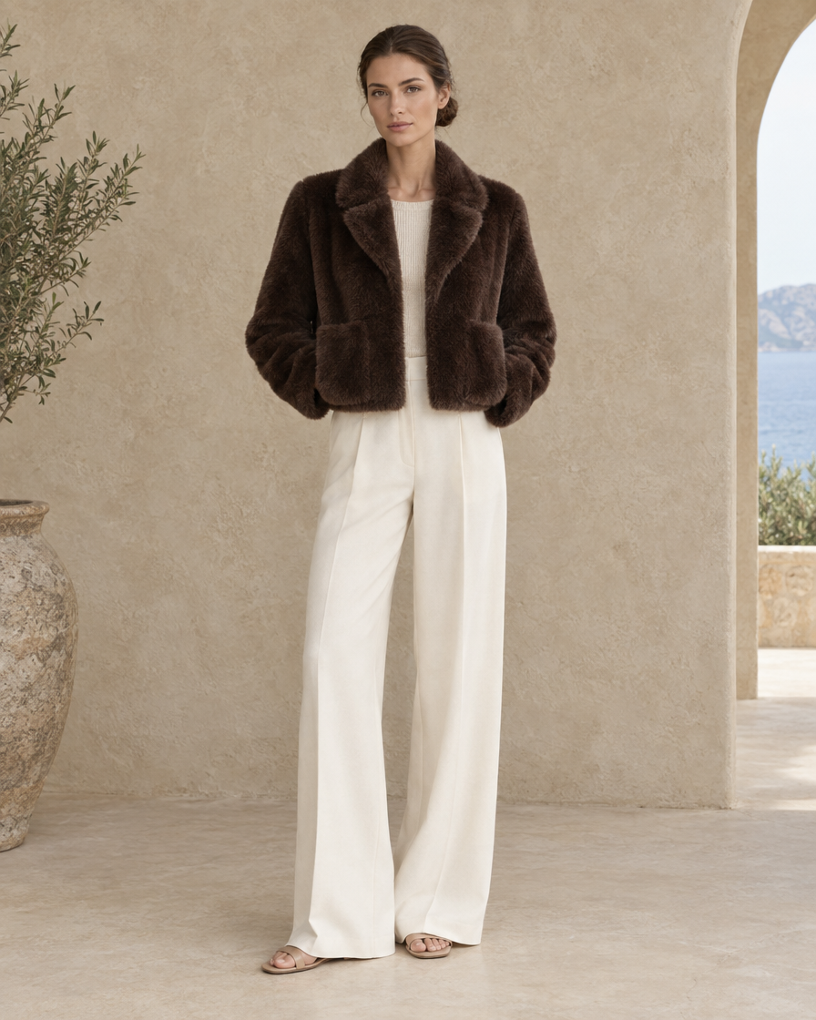 ONORA Cropped Faux Fur Jacket — full length front, Dark Brown