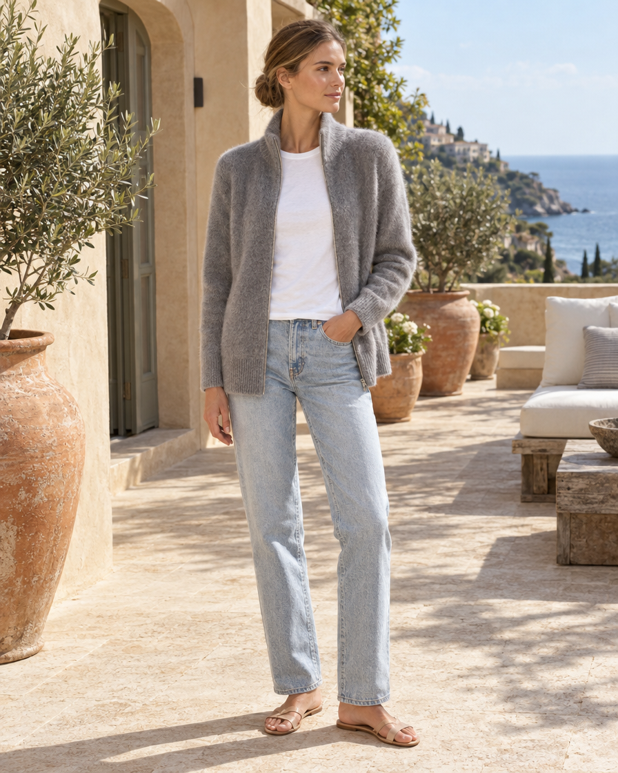 ONORA Halstead Faux-Mink Knit Stand-Collar Jacket — worn on a villa terrace