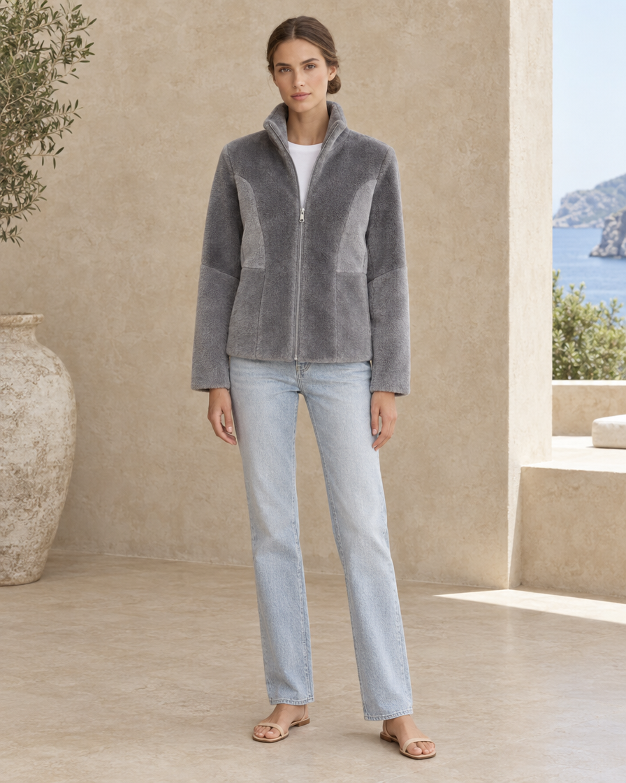 ONORA Halstead Faux-Mink Knit Stand-Collar Jacket — full length front, Grey