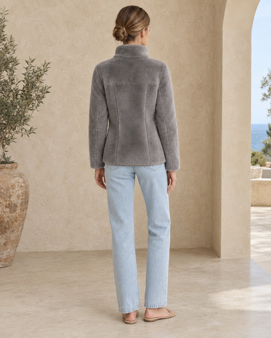 ONORA Halstead Faux-Mink Knit Stand-Collar Jacket — full length back