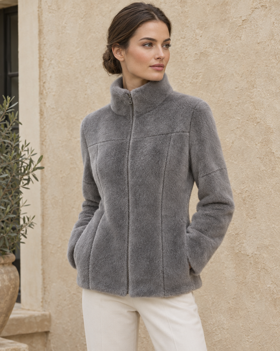 ONORA Halstead Faux-Mink Knit Stand-Collar Jacket — three-quarter view