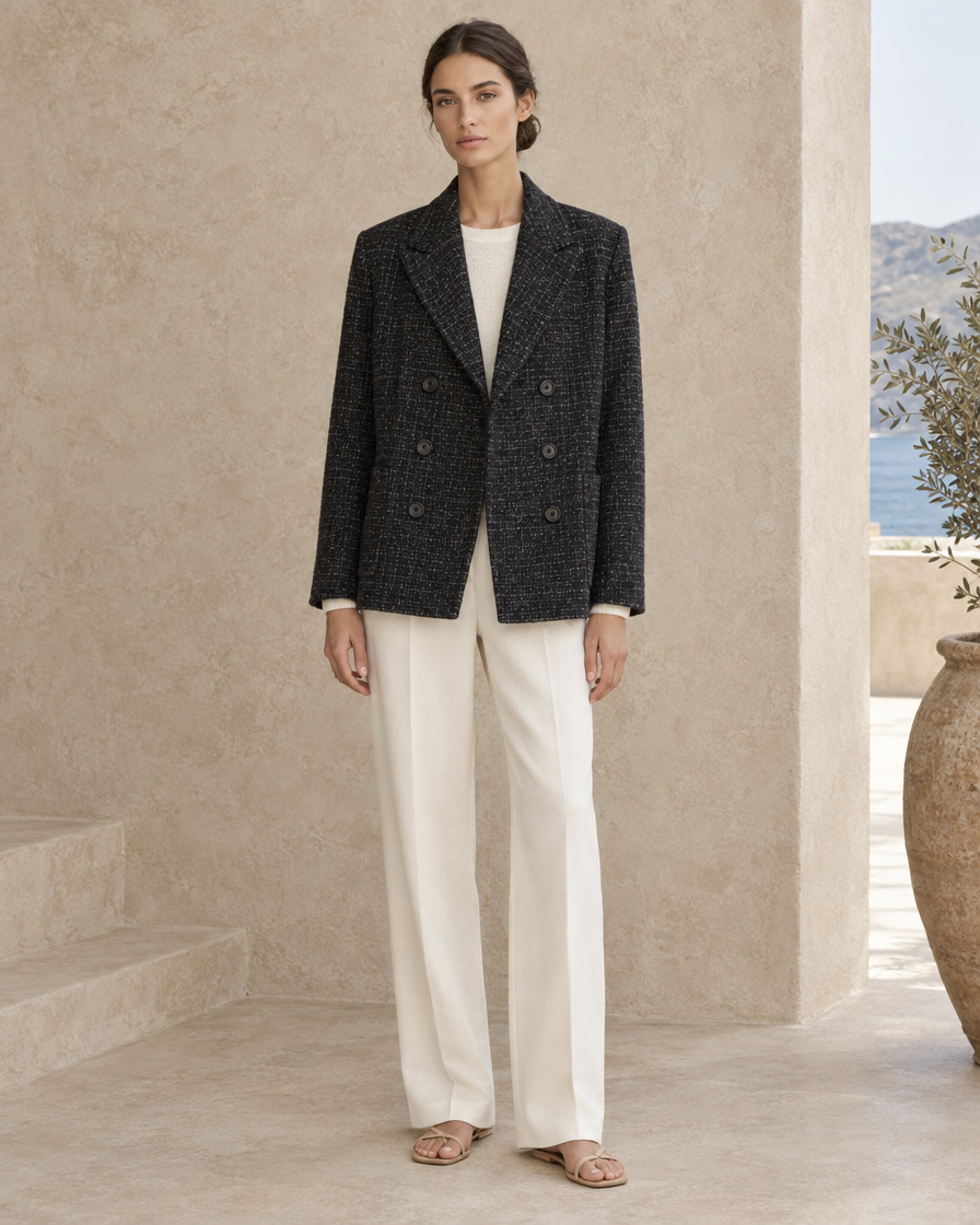 ONORA Merrow Double-Breasted Wool-Blend Jacket — full length front, Black