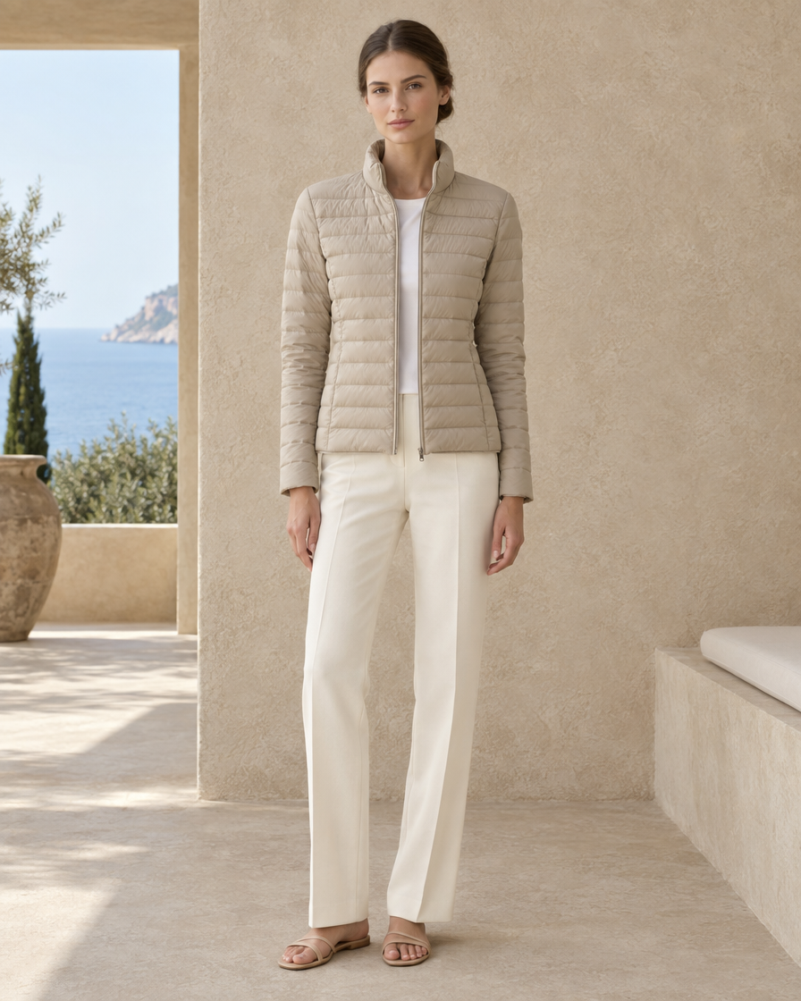ONORA Ojai Quilted Stand Collar Jacket — full length front, Beige