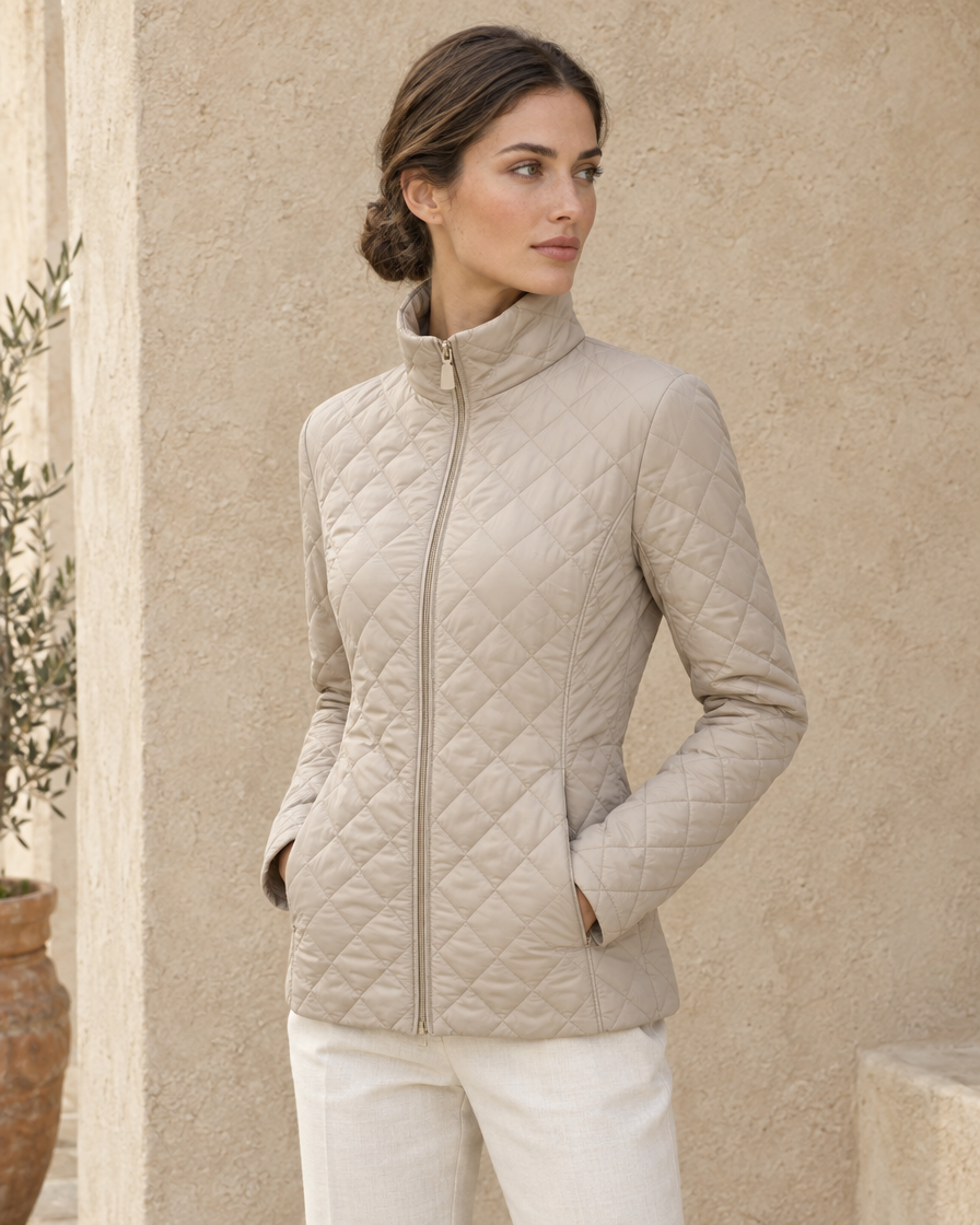 ONORA Ojai Quilted Stand Collar Jacket — three-quarter view