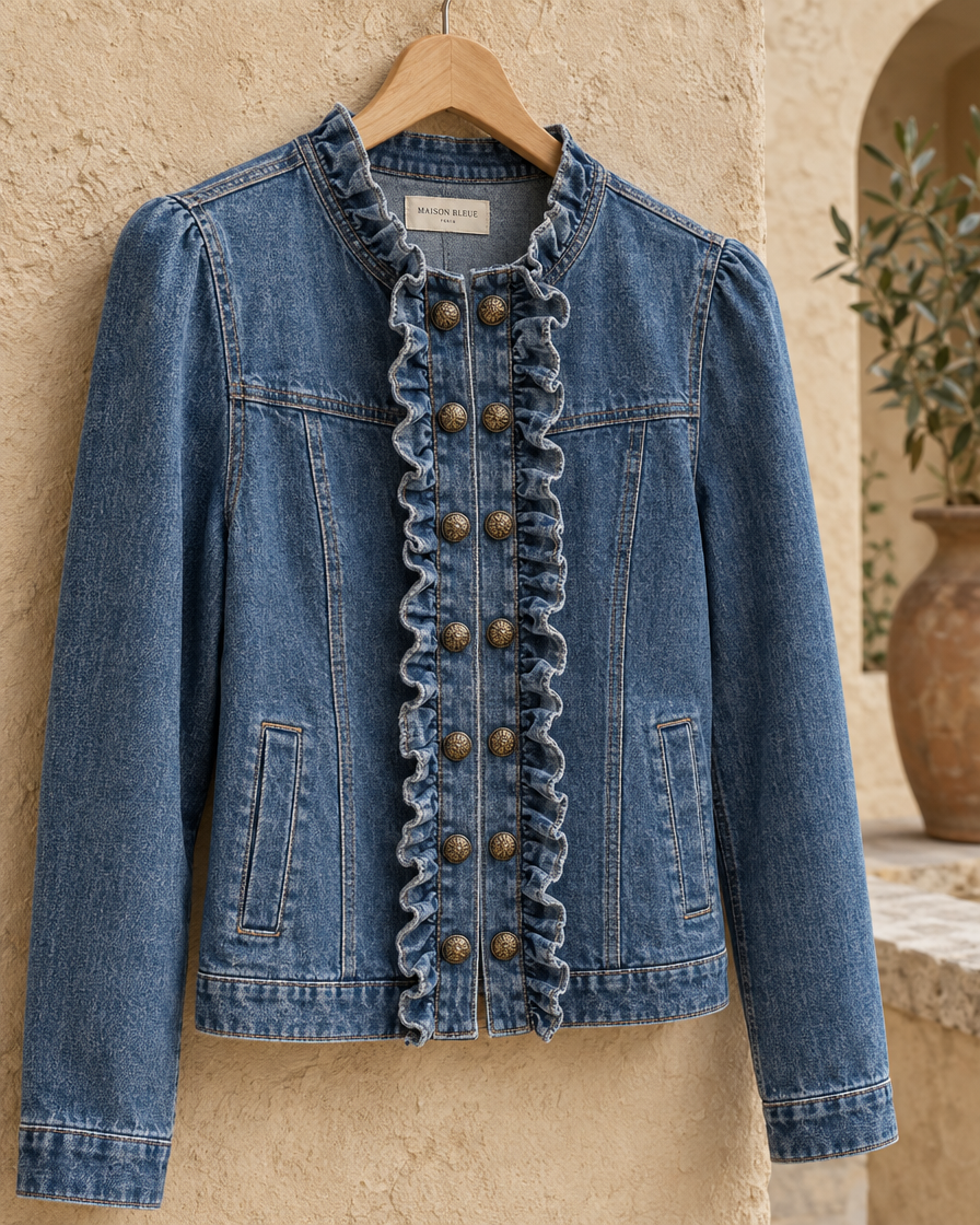 Ruffle-Trim Denim Jacket for Women — ruffle and button detail