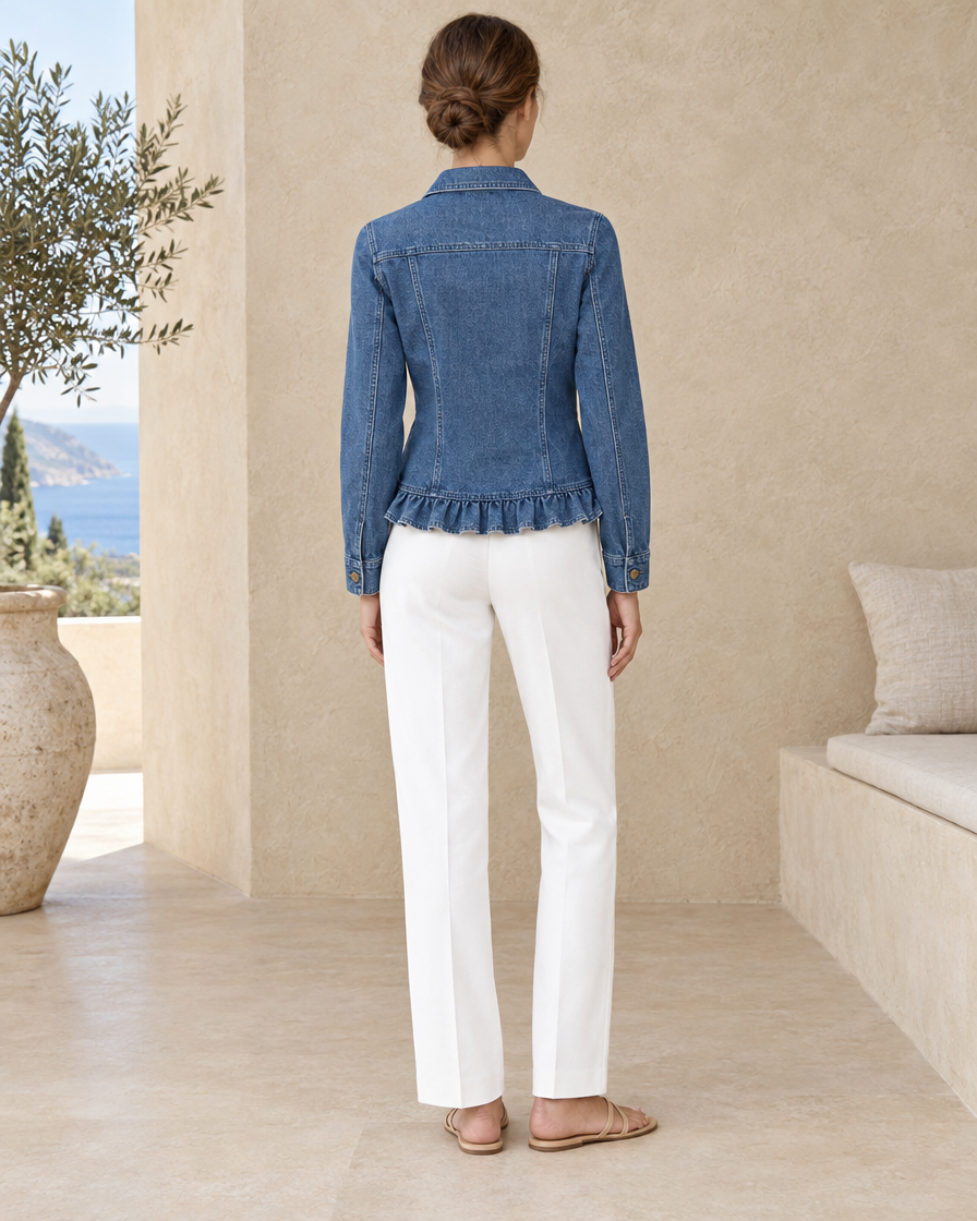 Ruffle-Trim Denim Jacket for Women — full length back