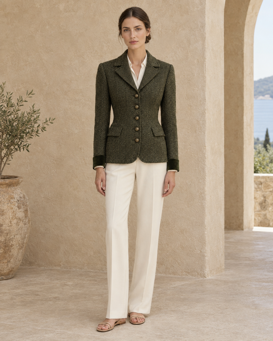 ONORA Hampstead Velvet-Cuff Herringbone Tweed Jacket — full length front, Dark Olive Green
