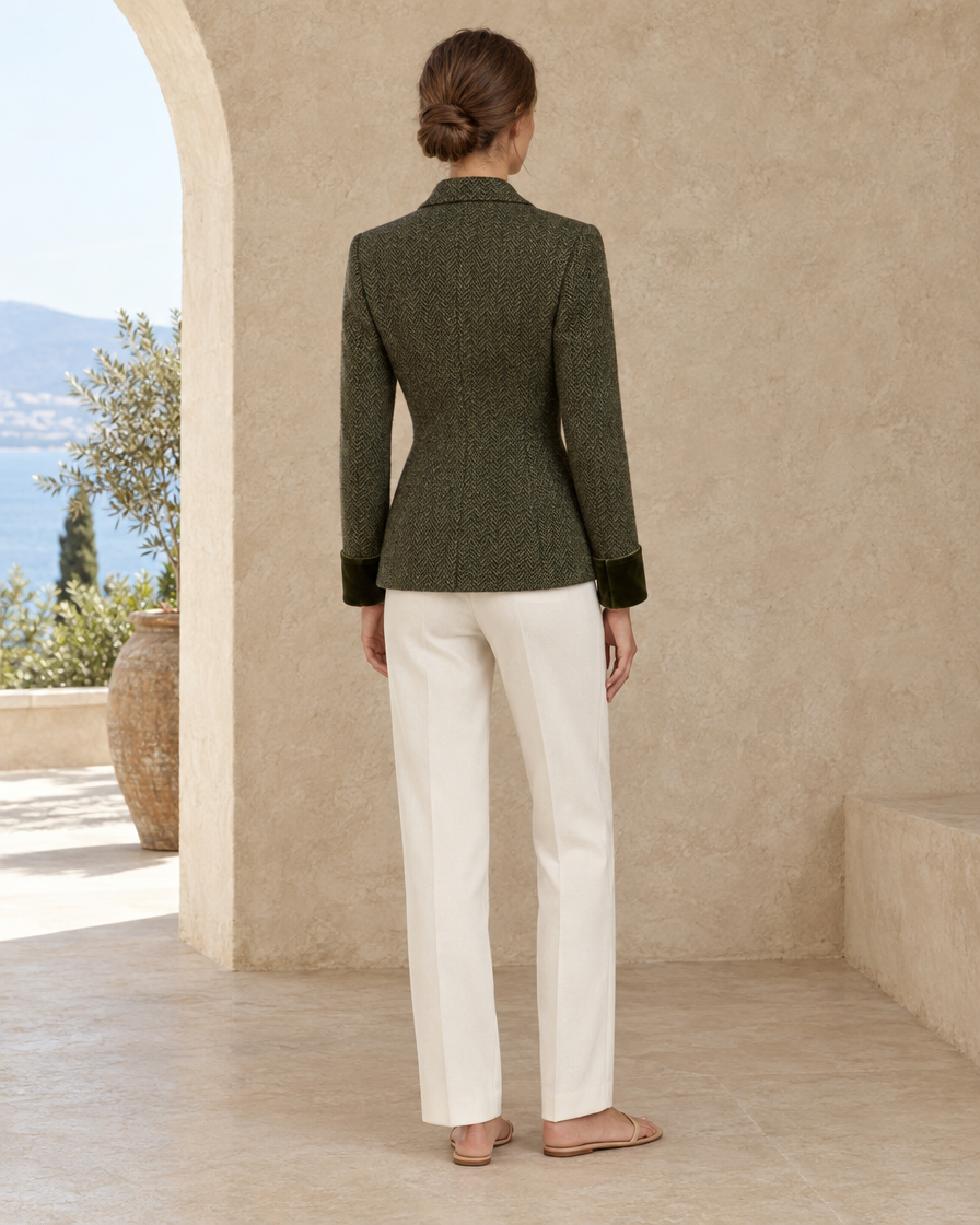 ONORA Hampstead Velvet-Cuff Herringbone Tweed Jacket — full length back