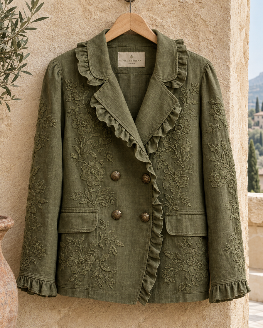 Floral Embroidered Utility Jacket with Ruffle Trim — embroidery and ruffle detail