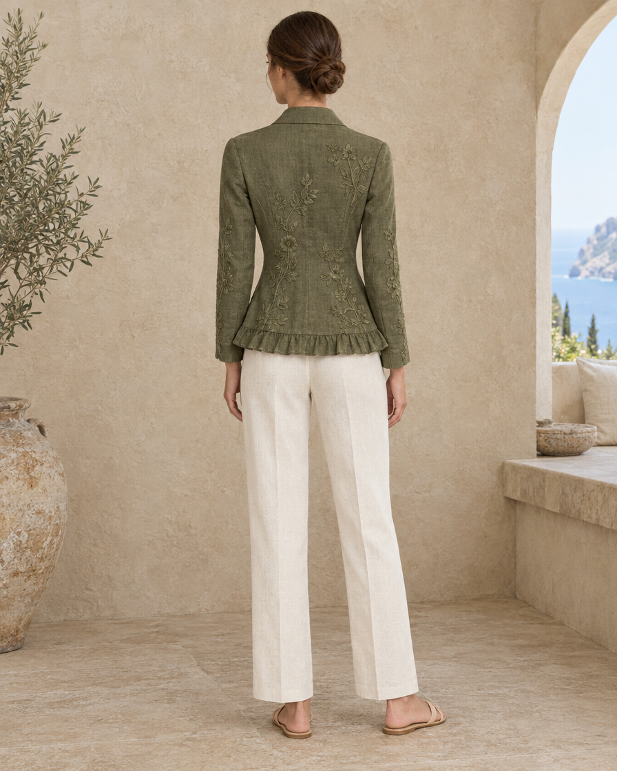 Floral Embroidered Utility Jacket with Ruffle Trim — full length back