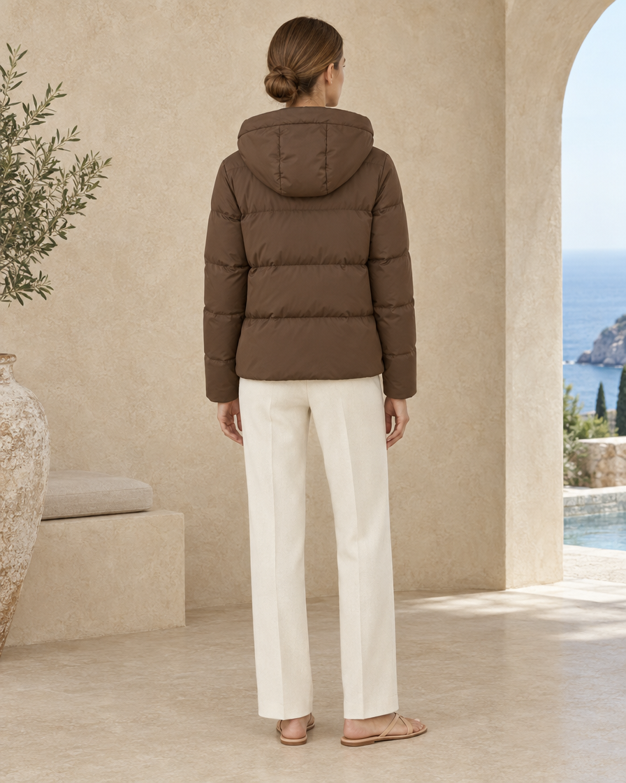 ONORA Femke Hooded Funnel-Neck Puffer Jacket — full length back