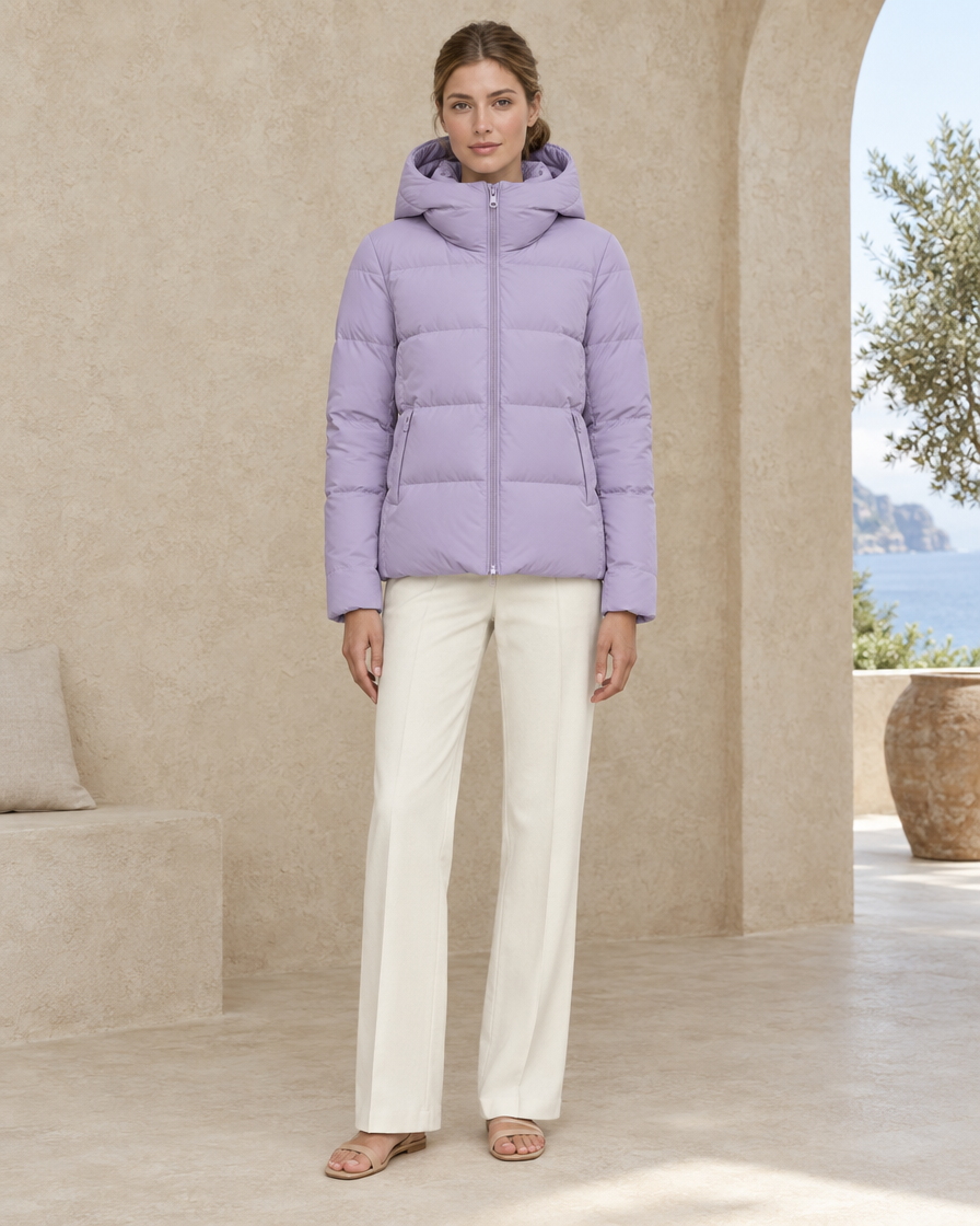 ONORA Femke Hooded Funnel-Neck Puffer Jacket — Lilac