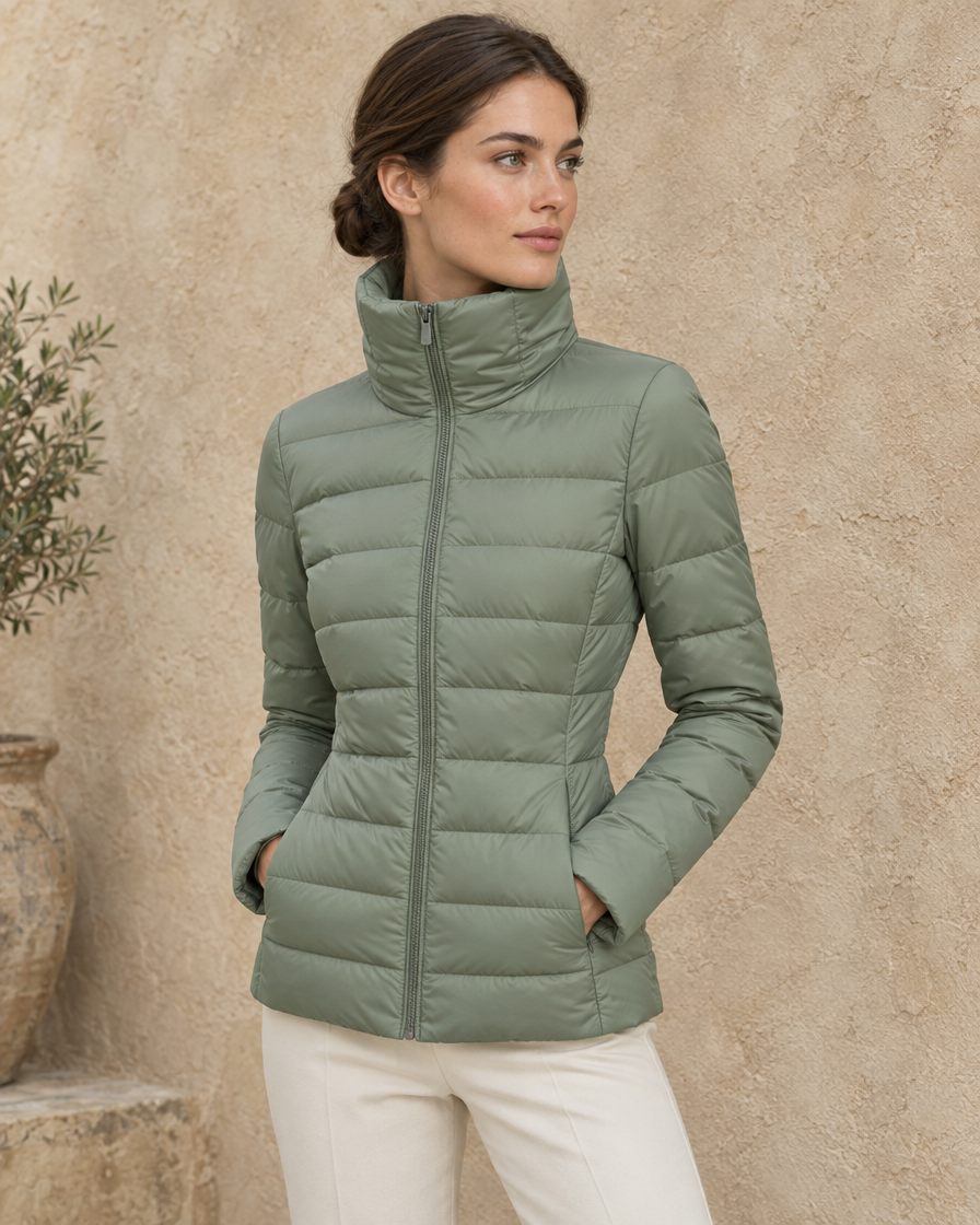 ONORA Ebru Tailored Quilted Funnel-Neck Puffer Jacket — three-quarter view