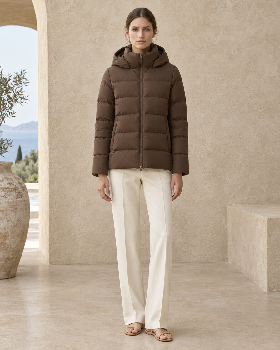 ONORA Femke Hooded Funnel-Neck Puffer Jacket — full length front, Brown