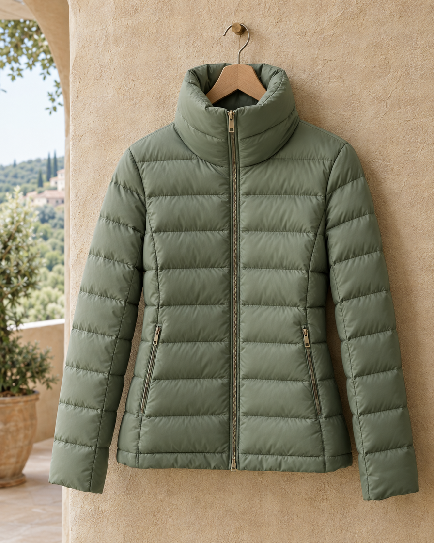 ONORA Ebru Tailored Quilted Funnel-Neck Puffer Jacket — quilting and collar detail