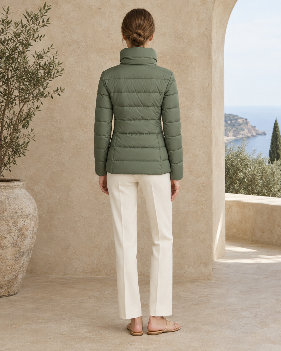 ONORA Ebru Tailored Quilted Funnel-Neck Puffer Jacket — full length back