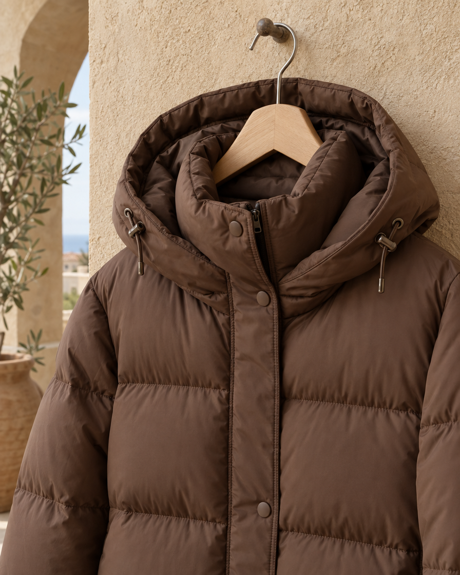 ONORA Femke Hooded Funnel-Neck Puffer Jacket — hood and collar detail